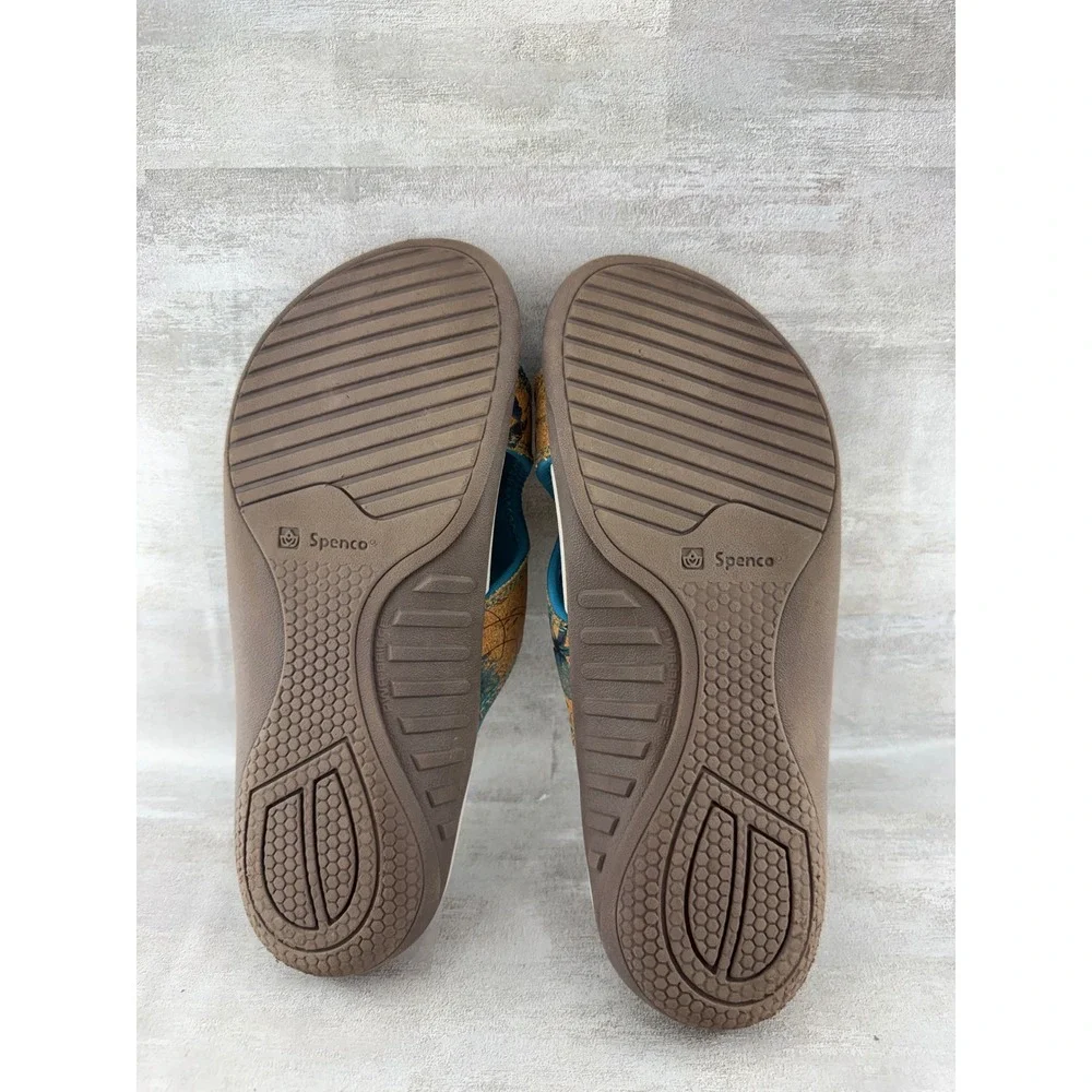 Spenco Kholo Women Sz 10B Orthotic Slide Sandals Tan Blue Floral Cork Adjustable